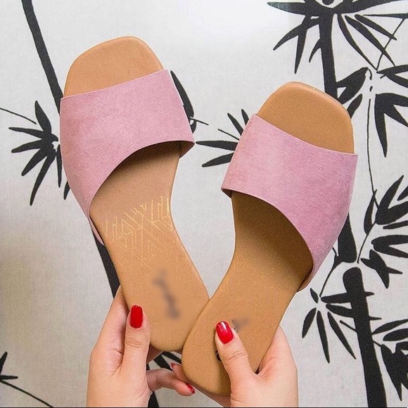 Lilac pink one band suede slip on sandals - Picture 2 of 8